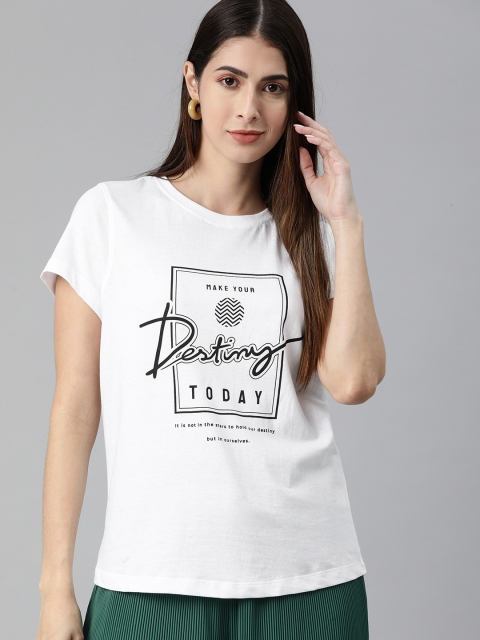 

abof Women White Printed Pure Cotton T-shirt