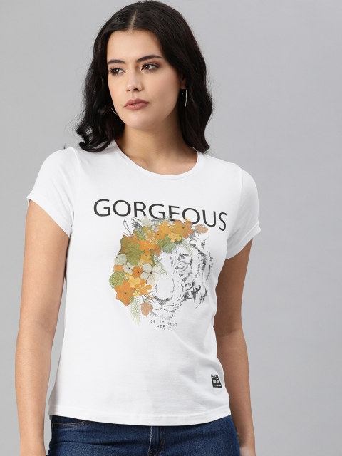 

abof Women White Printed Pure Cotton T-shirt