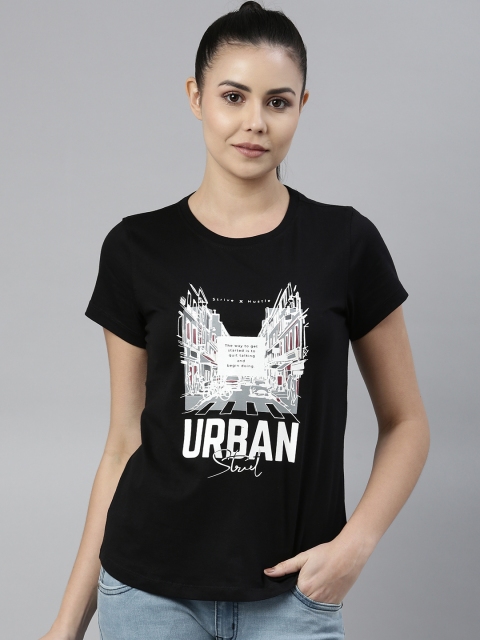 

abof Women Black & White Printed Pure Cotton T-shirt