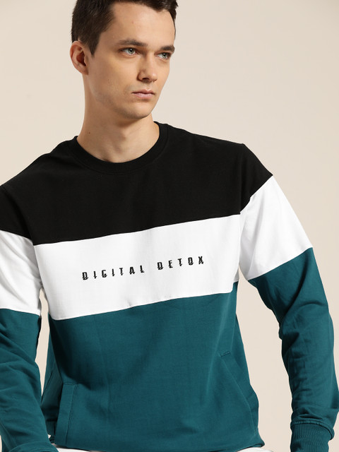 

ether Men Teal Blue & White Colourblocked Sweatshirt