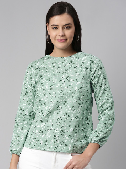 

abof Green Floral Puff Sleeve Regular Top