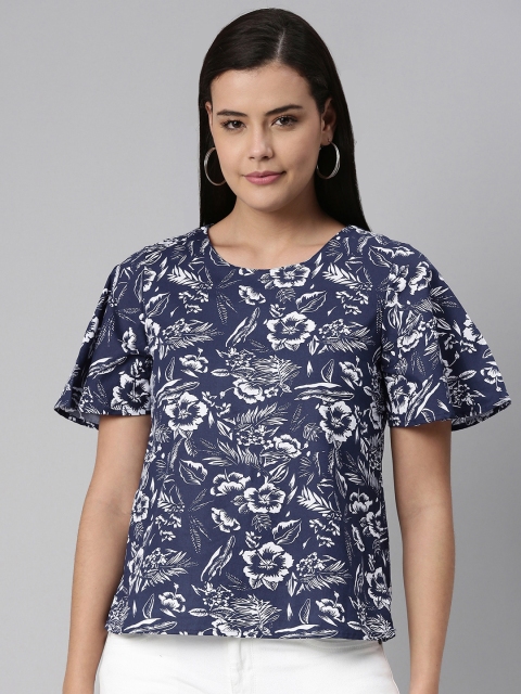 

abof Navy Blue & White Floral Regular Top