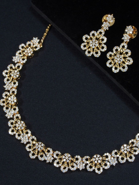 

I Jewels Gold Plated & White AD Studded Floral Shaped Jewellery Set