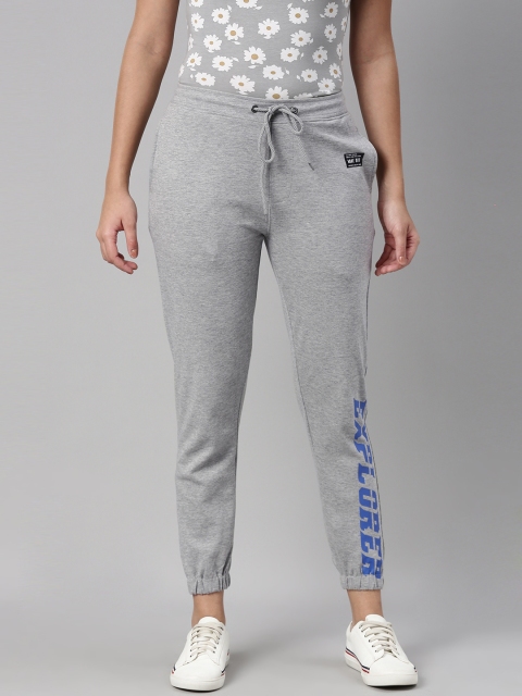 

abof Women Grey Melange & Blue Printed Cotton High Rise Slim Fit Joggers