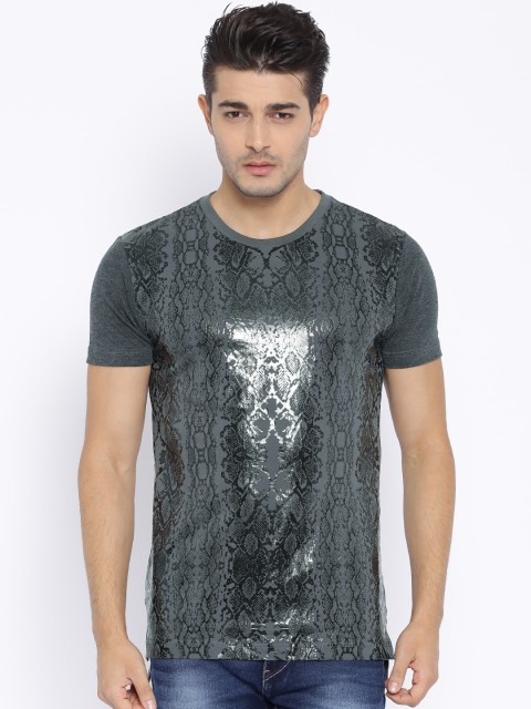 

Flying Machine Men Charcoal Grey Printed Pure Cotton T-shirt