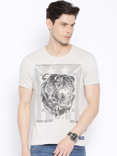 

Flying Machine Men Grey Melange Printed T-shirt