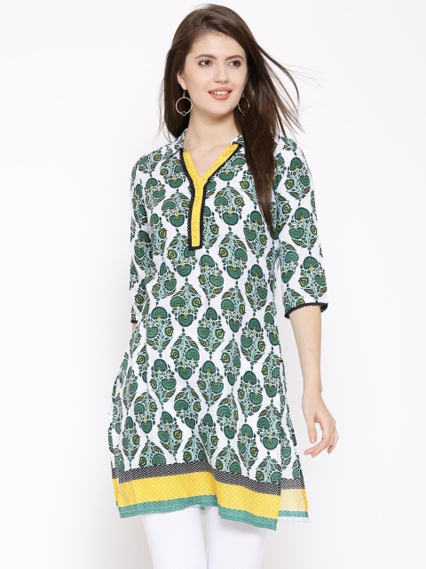 

AURELIA Women White & Green Printed Kurta