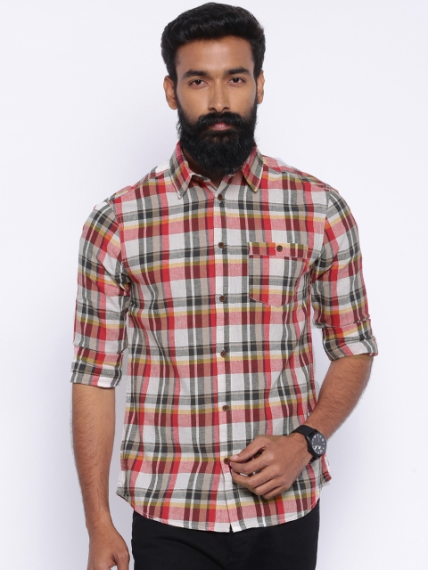 

Jack & Jones Men Red & White Linen Checked Slim Fit Casual Shirt