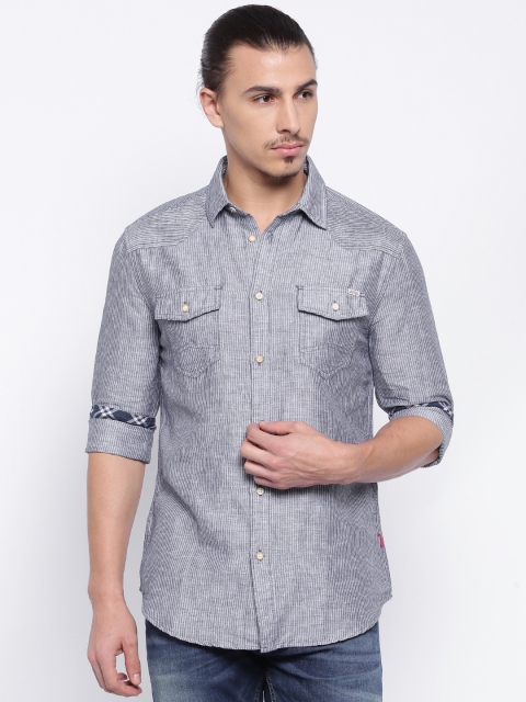 

Jack & Jones Men Blue & White Linen Striped Slim Fit Casual Shirt