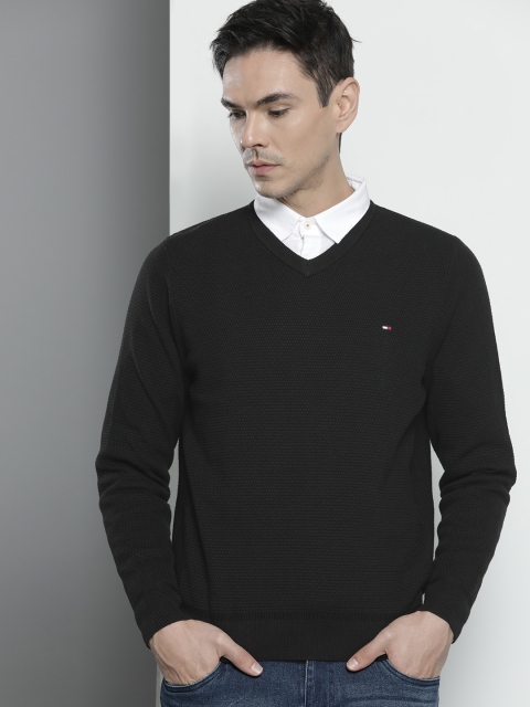 

Tommy Hilfiger Men Black Self-Design Ribbed Pullover