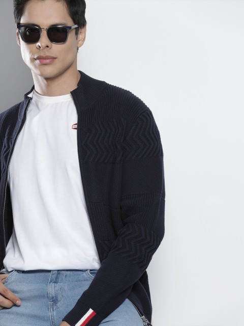 

Tommy Hilfiger Men Navy Blue Ribbed Front-Open Sweater