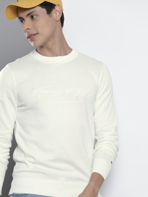 Tommy Hilfiger Men Off White Logo Embroidered Organic Cotton Pullover
