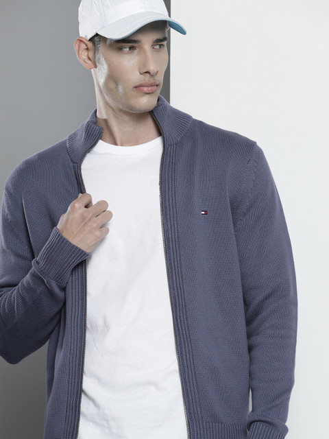

Tommy Hilfiger Men Blue Ribbed Front-Open Sweater