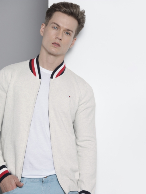 

Tommy Hilfiger Men Off White Front-Open Basic Baseball Sweater