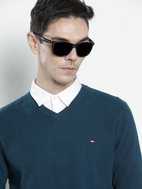 

Tommy Hilfiger Men Blue Self Design V-Neck Pullover Sweater
