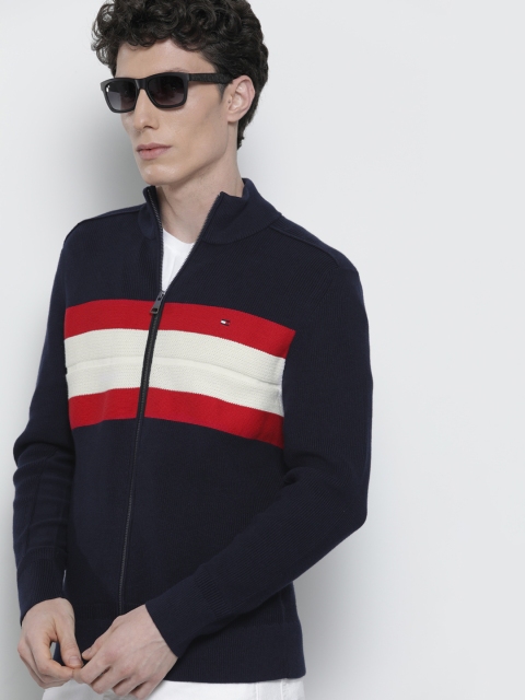 

Tommy Hilfiger Men Navy Blue & Red Striped Front-Open Sweater