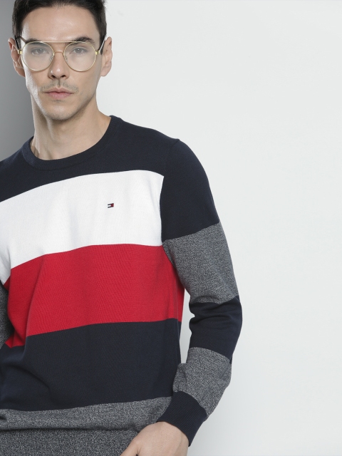 

Tommy Hilfiger Men Navy Blue & White Cotton Colourblocked Pullover