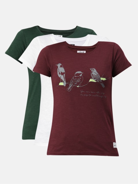 

abof Women Pack of 3 Typography Printed Pure Cotton T-shirt, Green