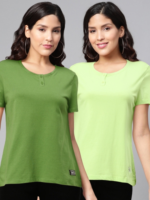 

abof Women Pack of 2 Green Henley Neck Pure Cotton T-shirt