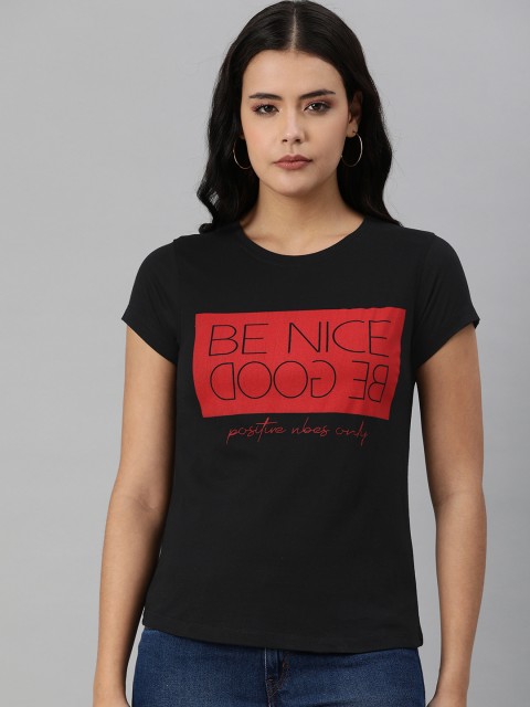 

abof Women Black Typography Printed Pure Cotton T-shirt