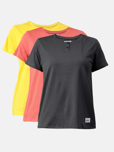 

abof Women Pack Of 3 Yellow Grey Solid Round Neck Pure Cotton T-shirt