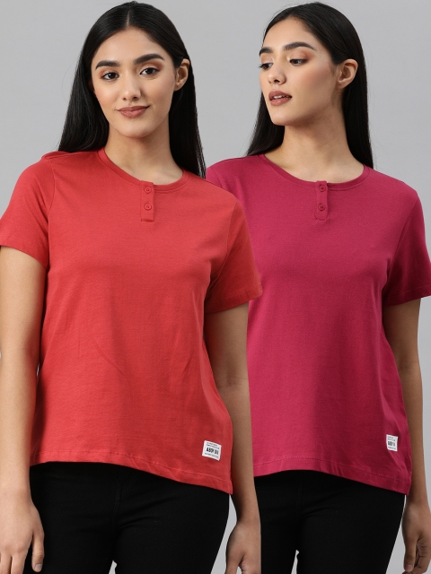

abof Women Pack of 2 Henley Neck T-shirt, Red