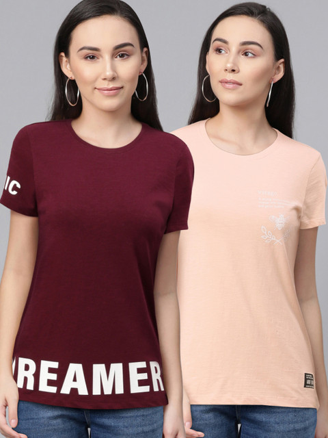 

abof Women Pack Of 2 Pure Cotton T-shirt, Maroon