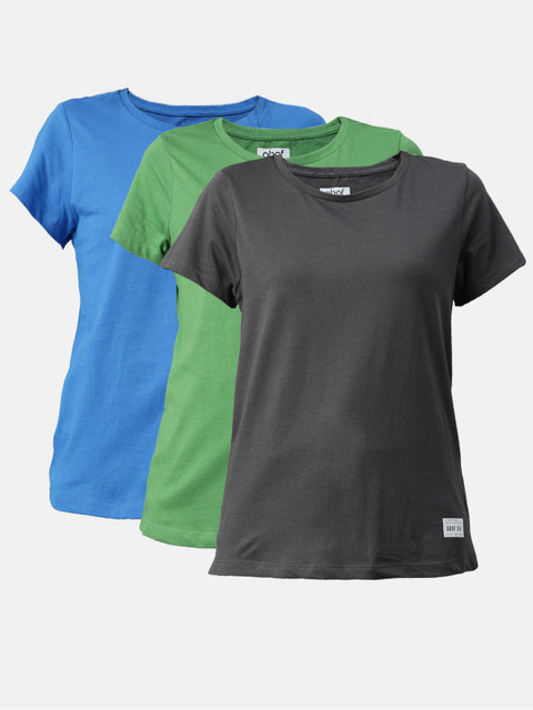 

abof Women Pack Of 3 Green Blue Solid Round Neck Pure Cotton T-shirt
