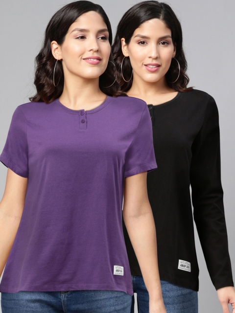 

abof Women Pack of 2 Violet Black Henley Neck Pure Cotton T-shirt