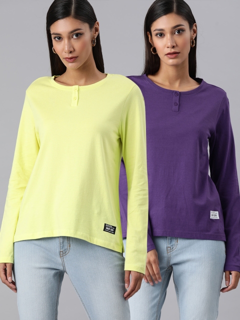 

abof Women Pack of 2 Lime Yellow & Purple Henley Neck Pure Cotton T-shirt