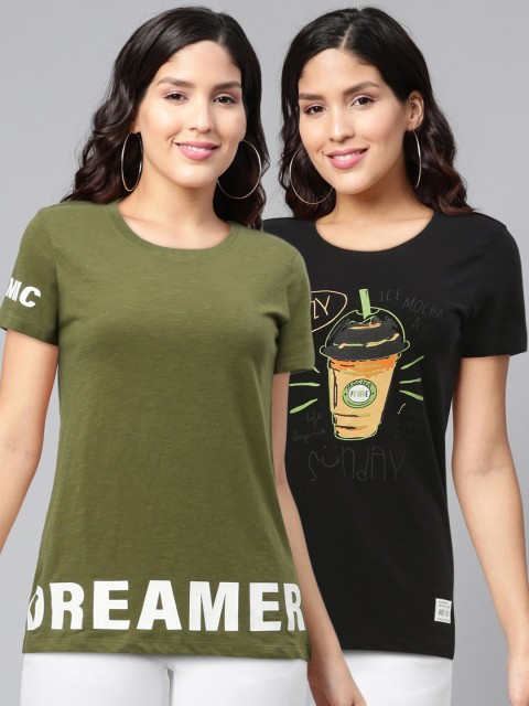 

abof Women Pack of 2 Black Olive Green Typography Printed Pure Cotton T-shirt