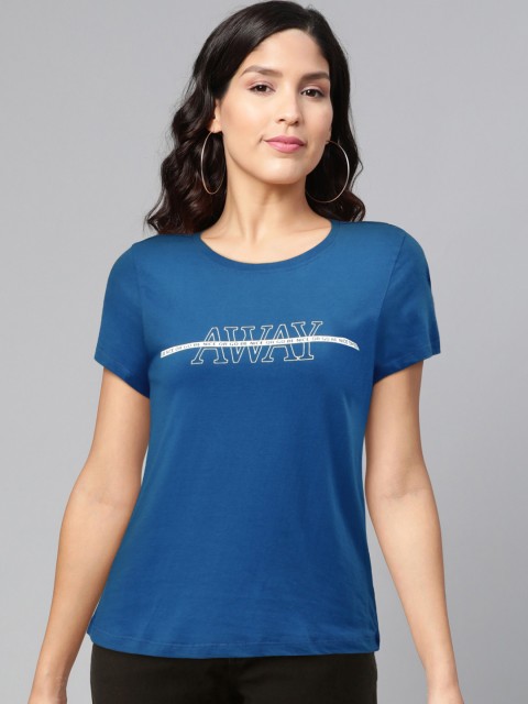 

abof Women Navy Blue Typography Printed Pure Cotton T-shirt