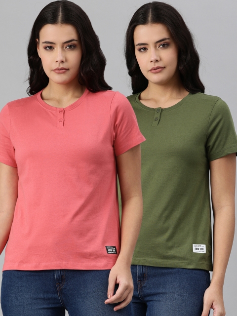 

abof Women Pack of 2 Henley Neck T-shirt, Pink