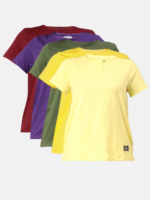 

abof Women Pack Of 5 Henley Neck Pure Cotton T-shirts, Maroon