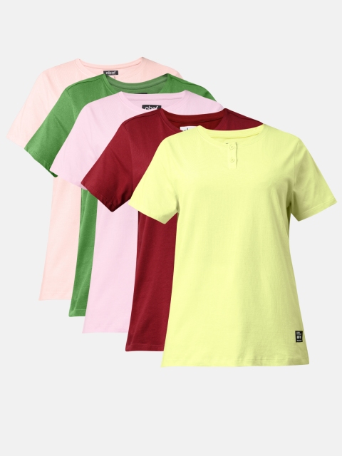 

abof Women Pack of 5 Henley Neck Pure Cotton T-shirt, Multi
