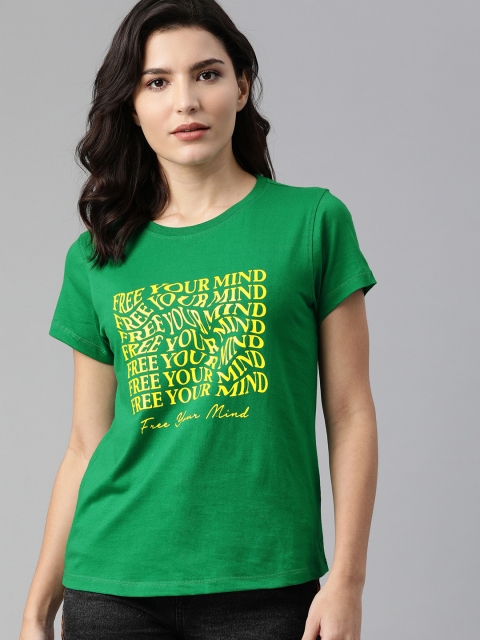 

abof Women Green Yellow Typography Printed Pure Cotton T-shirt