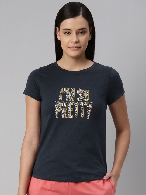 

abof Women Navy Blue Typography Printed Pure Cotton T-shirt