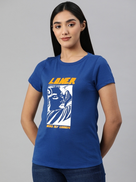 

abof Women Blue Printed Pure Cotton T-shirt