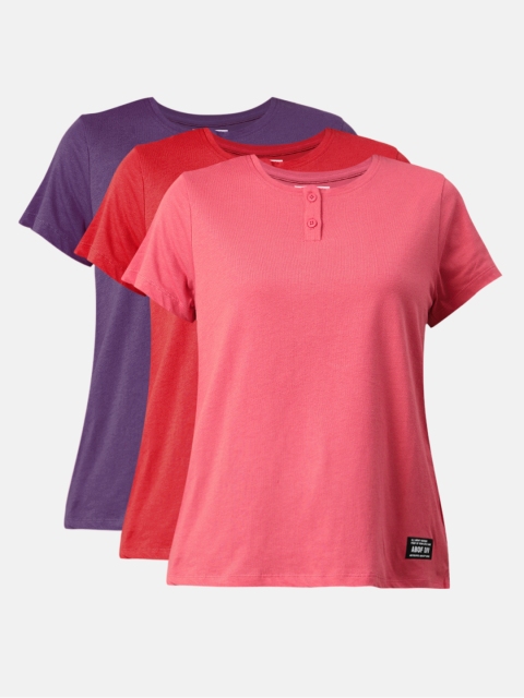 

abof Women Pack Of 3 Multicoloured Solid Round Neck Pure Cotton T-shirt, Multi