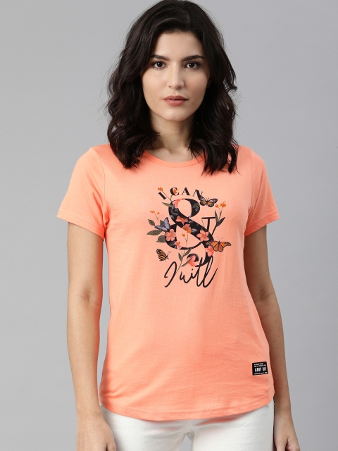 

abof Women Peach-Coloured Printed Pure Cotton T-shirt