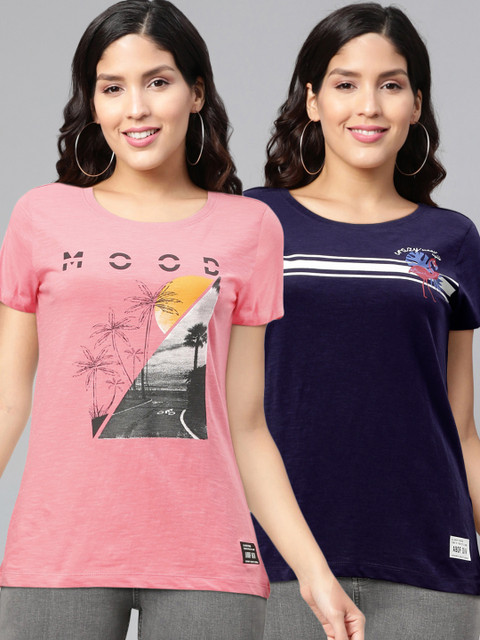 

abof Women Pack of 2 Blue Pink Printed Pure Cotton T-shirt