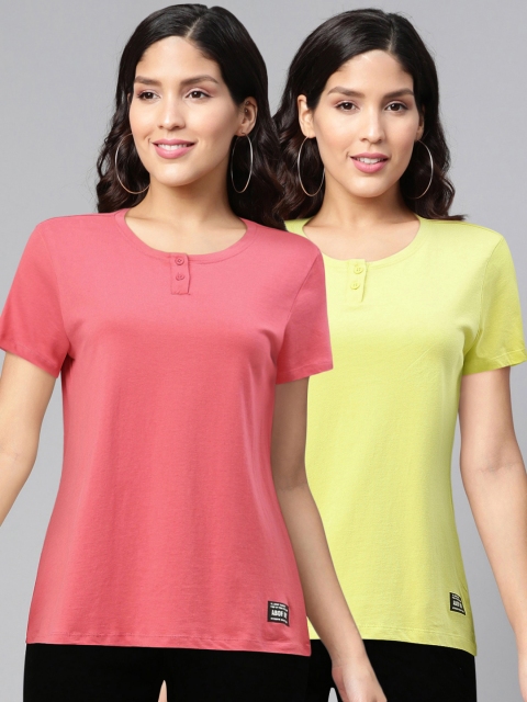 

abof Women Pack of 2 Pink Yellow Henley Neck Pure Cotton T-shirt