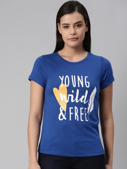

abof Women Blue Typography Printed Pure Cotton T-shirt