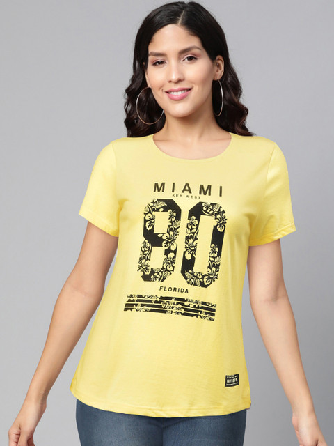 

abof Women Yellow Typography Printed Pure Cotton T-shirt