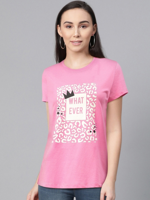 

abof Women Pink Typography Printed Pure Cotton T-shirt