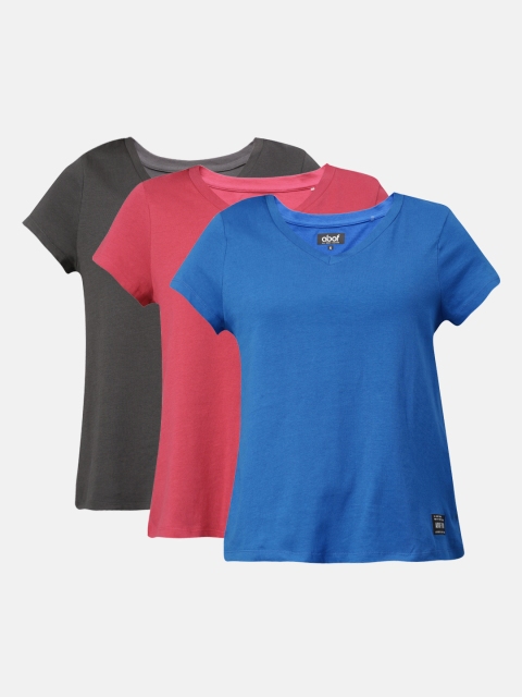 

abof Women Pack of 3 V-Neck Pure Cotton T-shirts, Blue