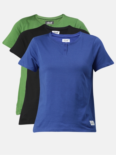 

abof Women Pack Of 3 Multicoloured Solid Round Neck Pure Cotton T-shirt, Multi