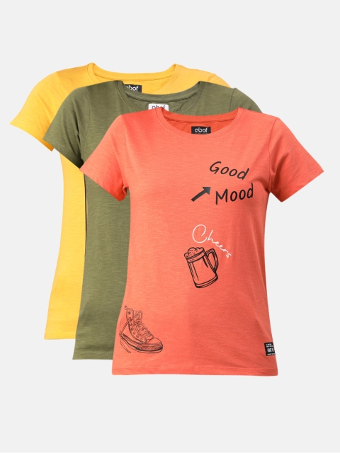 

abof Women Pack Of 3 Multicoloured Printed Pure Cotton T-shirt, Multi