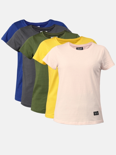 

abof Women Pack Of 5 Yellow Green Solid Round Neck Pure Cotton T-shirt