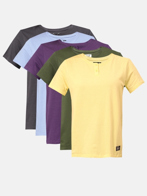 

abof Women Women Pack of 5 Solid Pure Cotton Henley Neck T-shirts, Multi